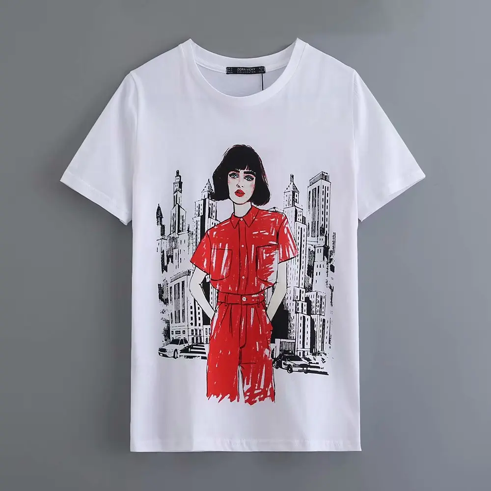 

New Fashion women front modern beauty print casual white T-Shirt Women office wear o neck leisure T-shirt Clothing T251