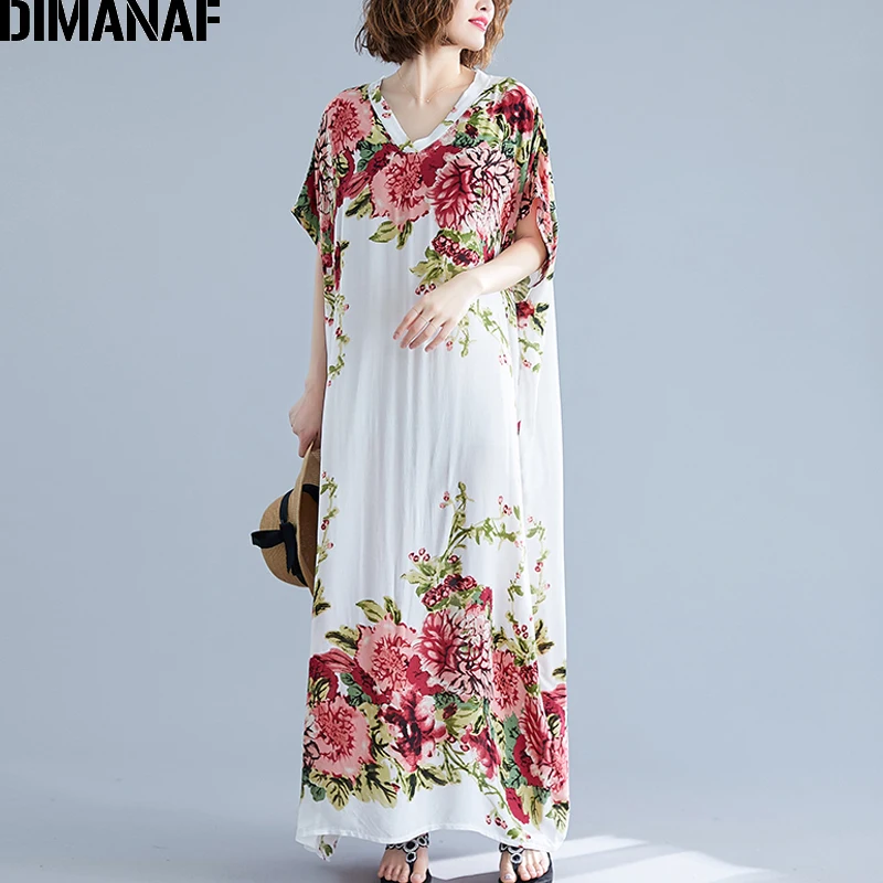 Женское платье макси DIMANAF, пляжное хлопковое платье большого размера с цветочным принтом, длинный летний сарафан свободного покроя размера 6XL