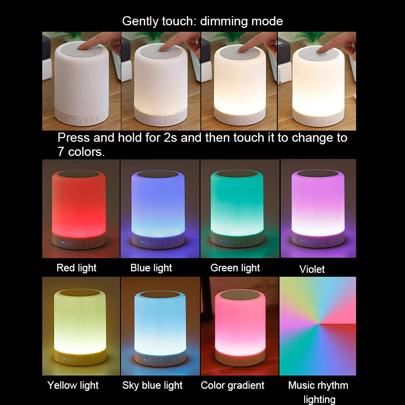 

Support Micro TF card 3.5mm interface 6 color lights adjustable LED colorful rechargeable bedside table touch breathing light