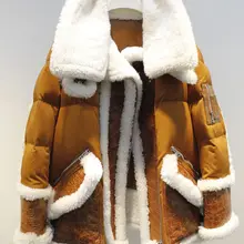 Женская зимняя модная куртка из овечьей шерсти и белого утиного пуха, байкерская куртка свободного кроя