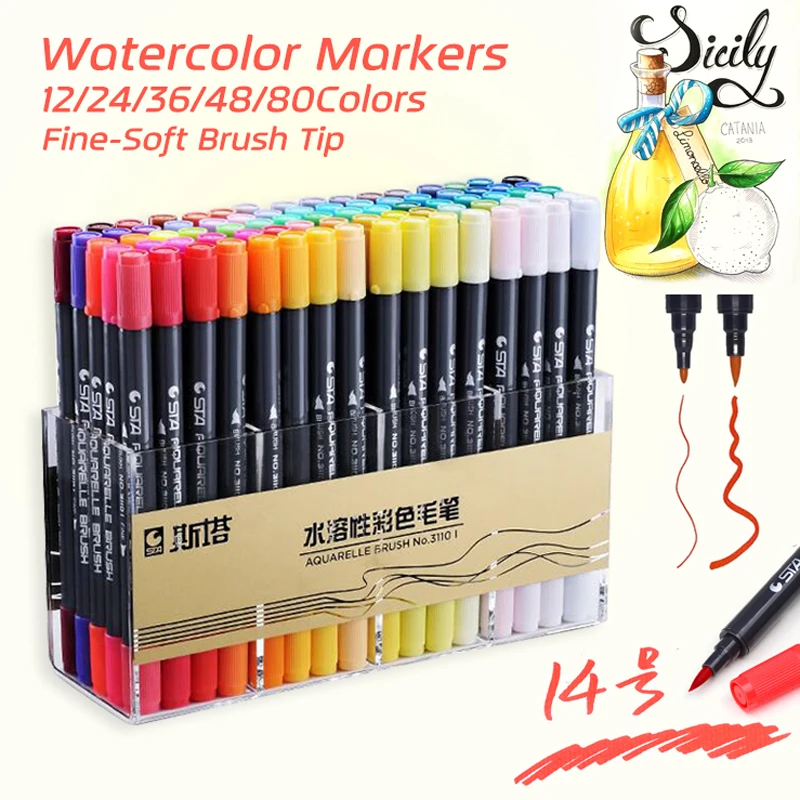

STA 12/24/36/48/80 Colors Artist Double Headed Brush Pen Art Markers Non-Toxic Water Based Sketch Marker for School Supplies