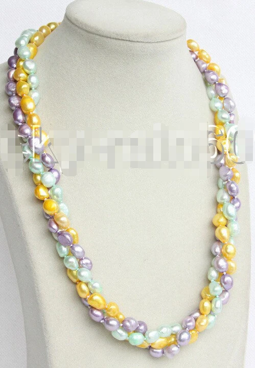 

shipping 23" 3row baroque FW yellow green purple pearls necklace 18KGP E9534