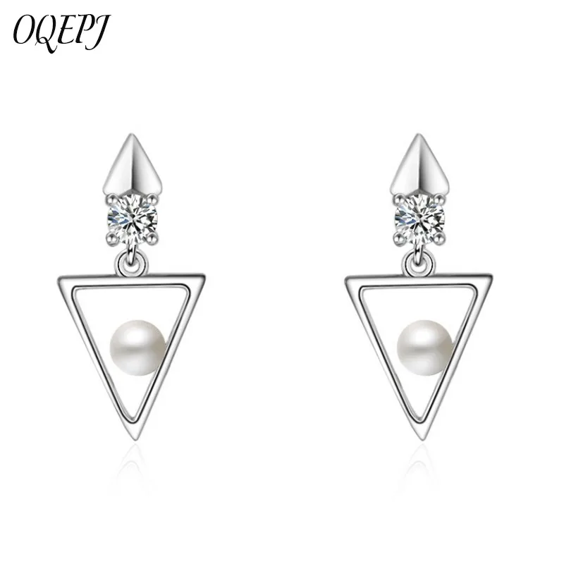 

OQEPJ Fashion Triangle Design Pearl Shiny CZ Earrings 925 Sterling Silver Earrings For Women Jewelry Valentine's Day Gifts