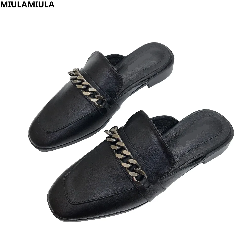 

MIULAMIULA Brand Designers 2018 New Fashion Metal Chain Black Woman Flat Slippers Comfortable Slip On Loafers Mules Flip Flops