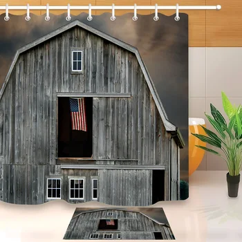 

LB Shower Curtain American flag in a Hayloft Window of an old Rustic Wood Barn Bathroom Waterproof Fabric For Art Bathtub Decor