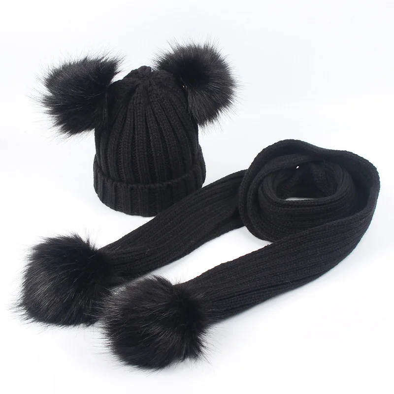 Детский шарф и шапка, зимний комплект для мальчиков и девочек, двойной помпон с искуственным мехом, шапка, шарф, комплект для малышей, теплая вязаная шапка, длинный шарф - Цвет: black
