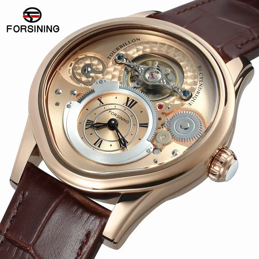 

Forsining 2018 Rose goldCase Fashion Tourbillion Black Genuine Leather Strap Men's Watch Top Brand Luxury Automatic Wristwatch