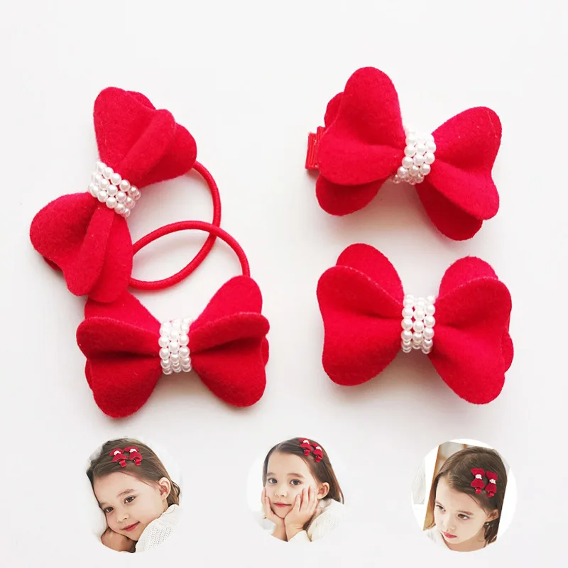 

2pcs/lot Two-layer Soft Felt Red Bow Hair Clips and Elasitc Hairbands Sweet Cute Valentine's Red Girl Simulated Pearl Hairpins