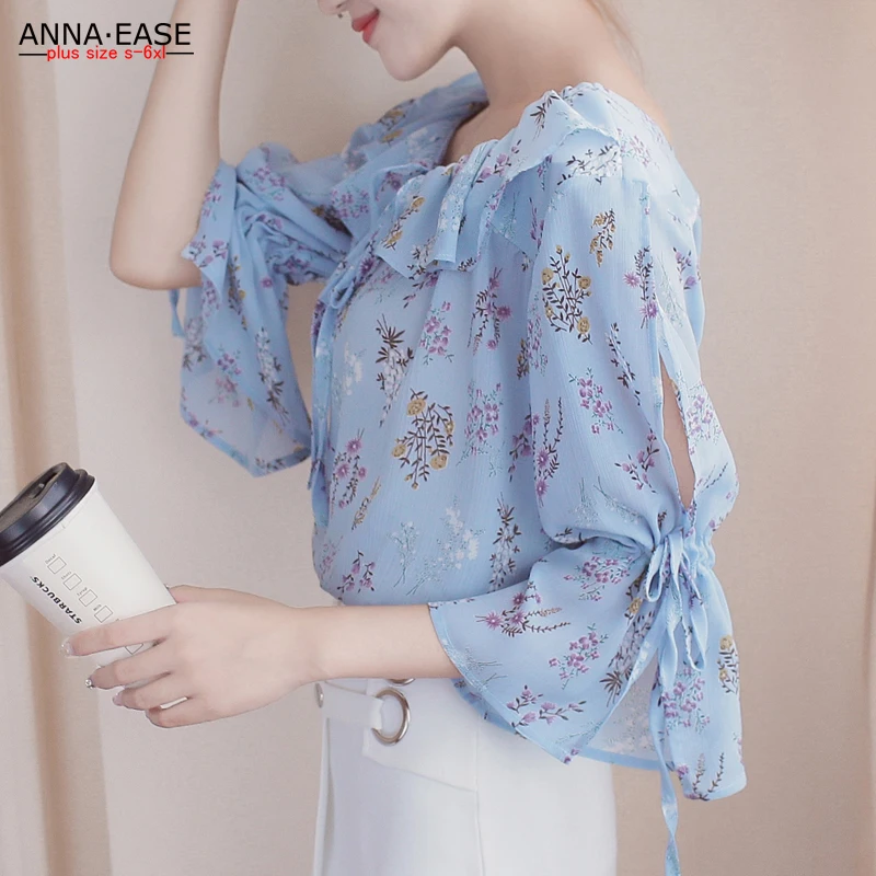 

plus size 4XL chiffon shirt women pink blue shirts good quality summer top plus size women clothing