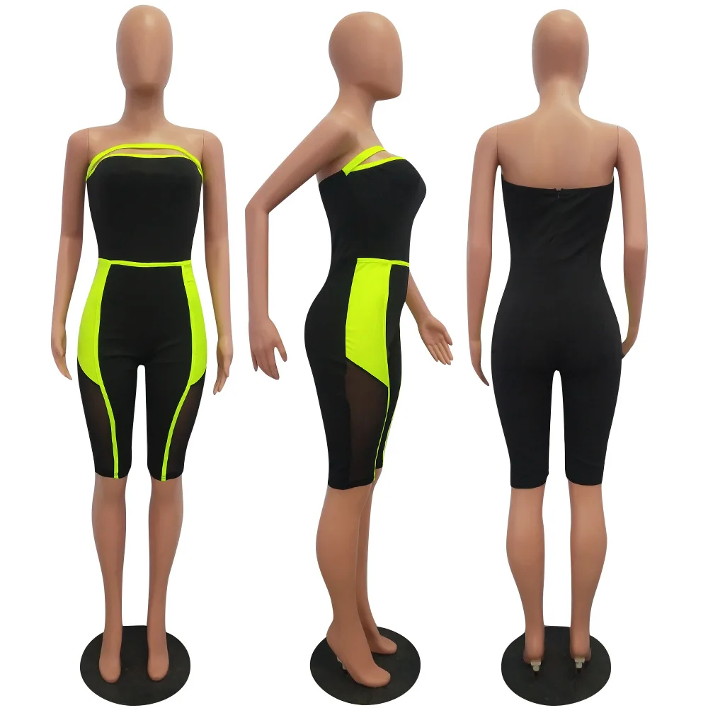 Sexy Mesh Patchwork Strapless Playsuit Women Backless Jumpsuit 2019 Summer Shorts Rompers Female Push up Fitness Streetwear