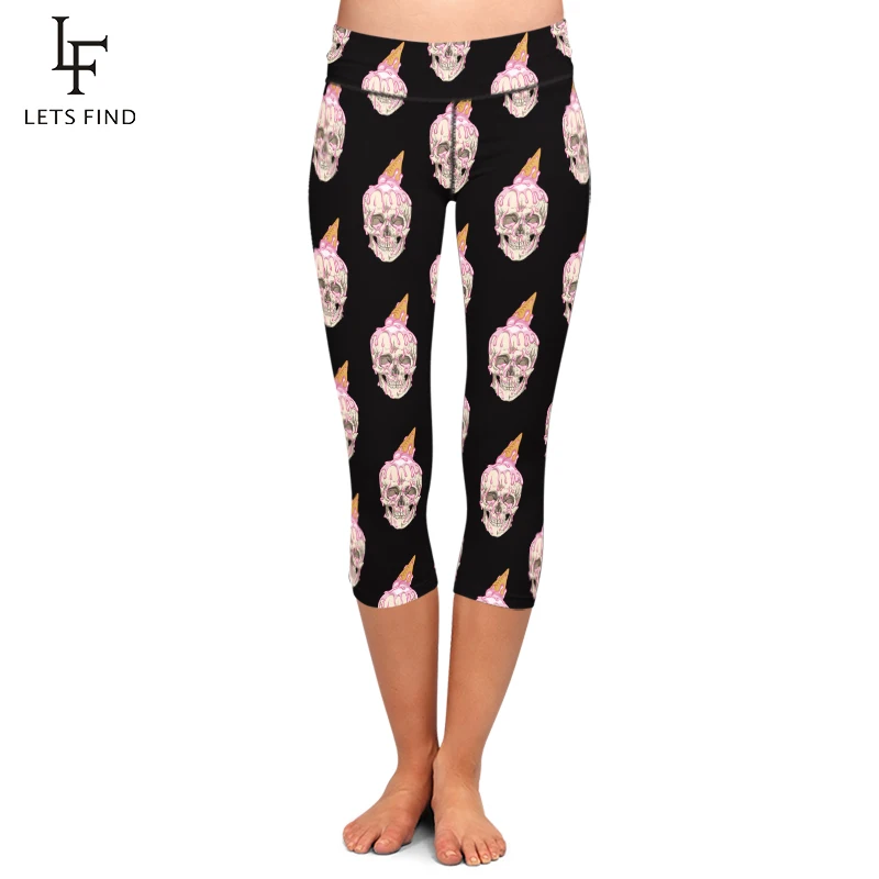 

LETSFIND Summer New 3D Skull and Ice Cream Digital Printing Capri Leggings High Waist Plus Size Sexy Women Black Leggging