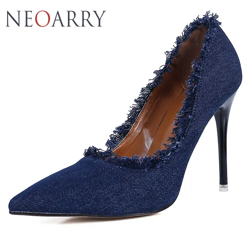 Neoarry High Quality Denim 10cmThin Heels Women Pumps Darkblue Color
