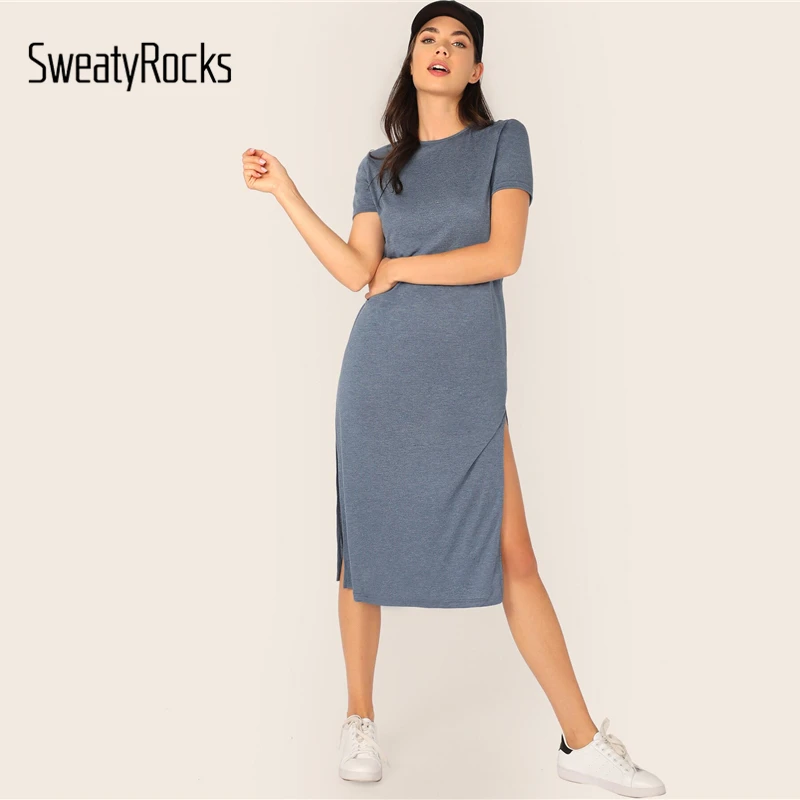 SweatyRocks Solid Split Side Tee Dress Summer Streetwear Blue Dresses Women Casual Short Sleeve Long Dress