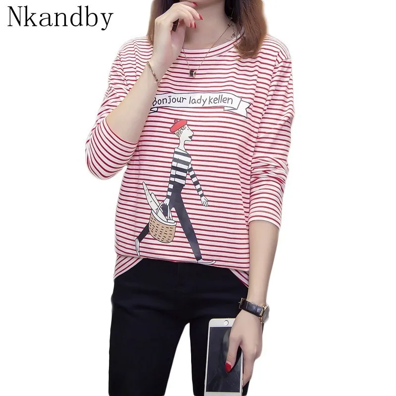

Plus Size Striped T-shirts Women Casual Cartoon Funny T Shirts Femme 2019 Autumn Long Sleeve Cotton Large Size Tops Tshirts 4xl