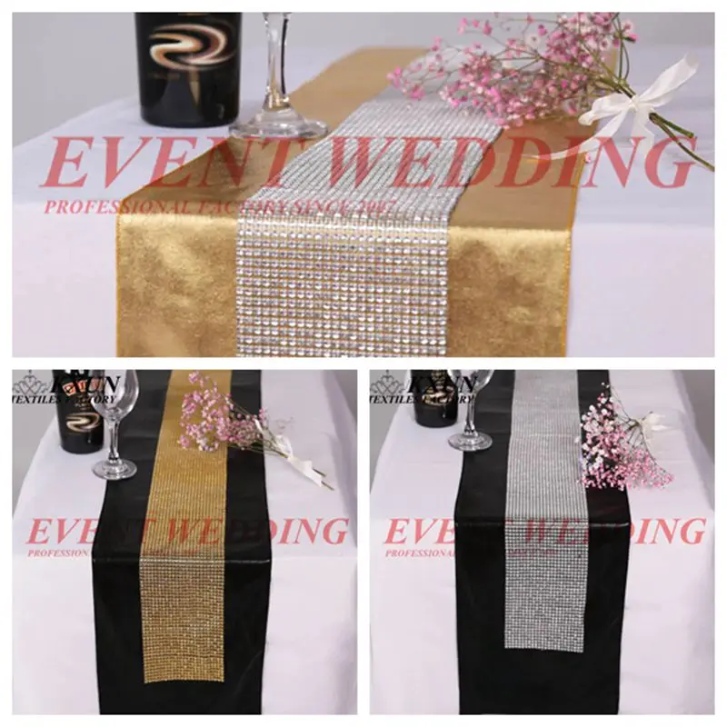 

A Full Set Bronzing Metallic Table Runner With Diamond Mesh Rhinestone Table Runners For Wedding Event Tablecloth Decoration