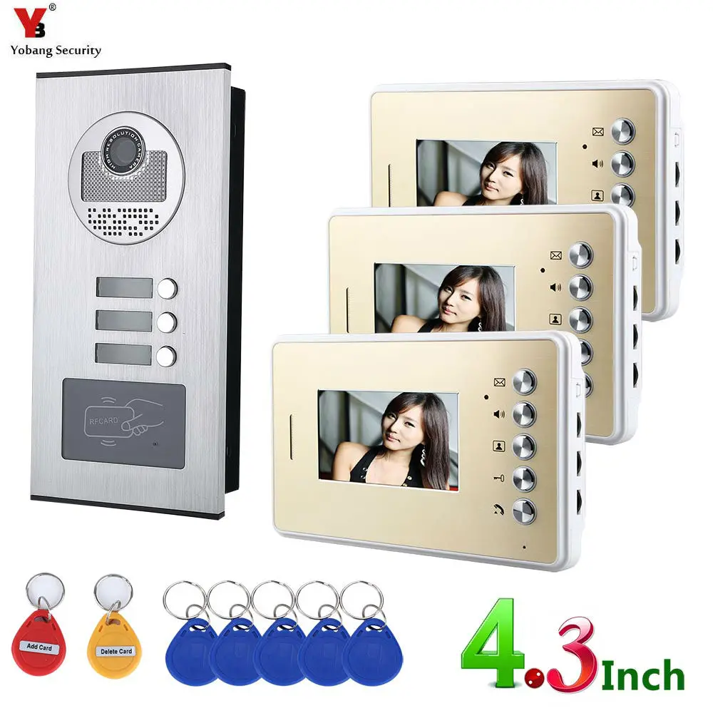 4.3inch 3 Apartment/Family Video Door Phone Intercom System RFID IR-CUT HD 1000TVL Camera Doorbell with button monitor | Безопасность и