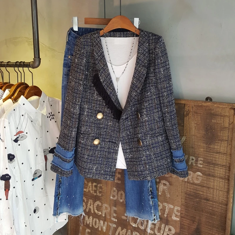 

2019 Spring Autumn New Plaid Pearl Buttons Blazer Fashion High Quality Women Notched Collar Tweed Suit Jacket Cardigan Outerwear