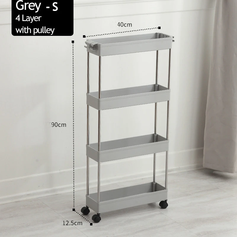 2/3/4 Layer Gap Storage Rack Kitchen Slim Slide Tower Movable Assemble Plastic Bathroom Shelf Wheels Space Saving Organizer