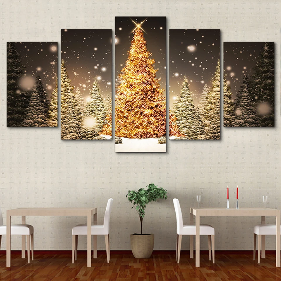 

Posters Framework Living Room Decoration Wall Artwork 5 Panel Christmas Tree Modern Painting On Canvas Home Pictures HD Printed