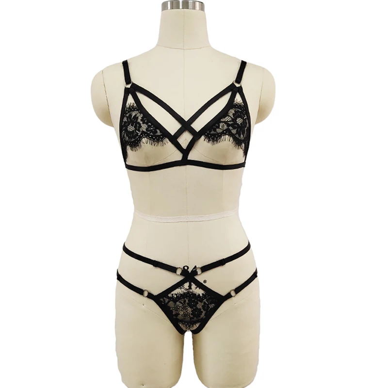 

Lace Cross Cage Bra Elastic Adjustable Goth Body Harness Sexy Lingerie Set Punk Lace G-string Briefs Panties Thongs