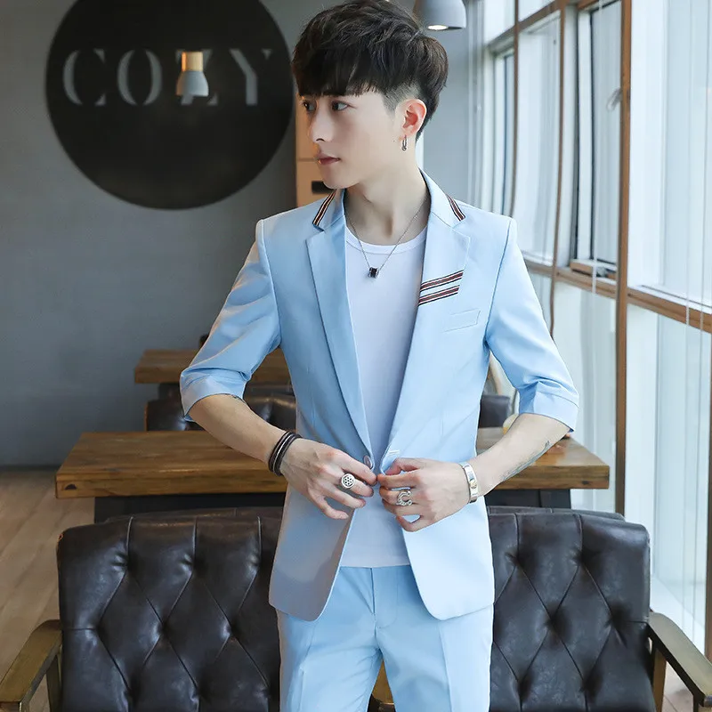 6.1     89.99、单扣、Men's suits five-point sleeves fashion personality men's suit two-piece suit (jacket + pants) men's summer thin casual suit