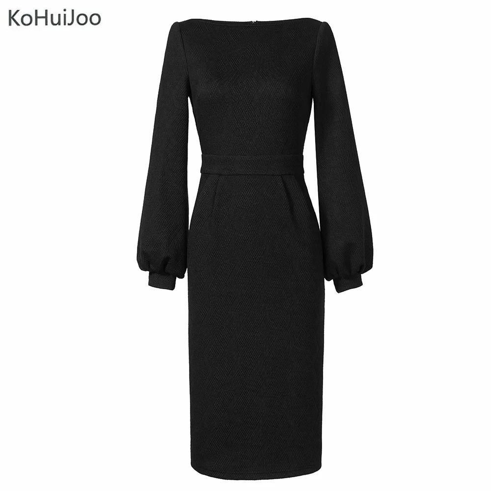 Женское жаккардовое платье KoHuiJoo черное/Белое карандаш с рукавом фонариком и