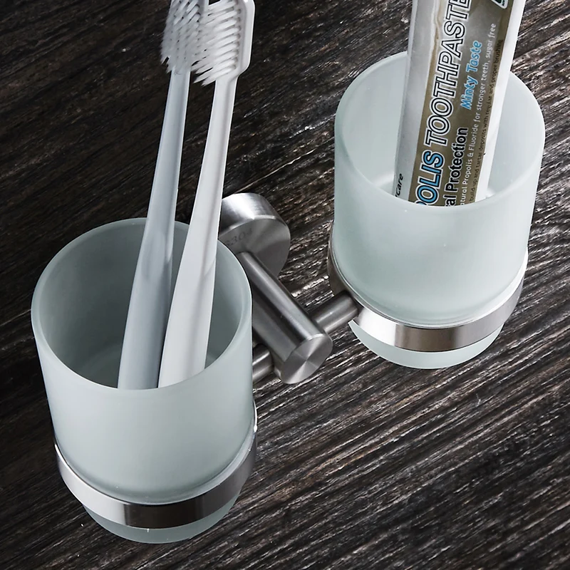 WEYUU 304 Stainless Steel Cup & Tumbler Holders Double Wire drawing Wall Mounted Toothbrush Cup Holder Bathroom Accessories