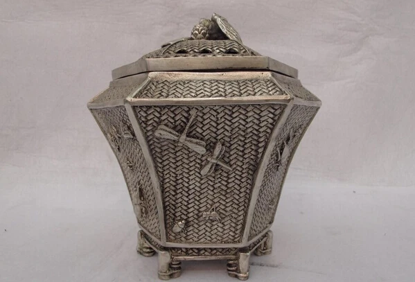 

Collectible bronze lion statue S0818 7.5 Chinese Buddhism Temple White Copper Silver Maemi Pot Censer incense burner