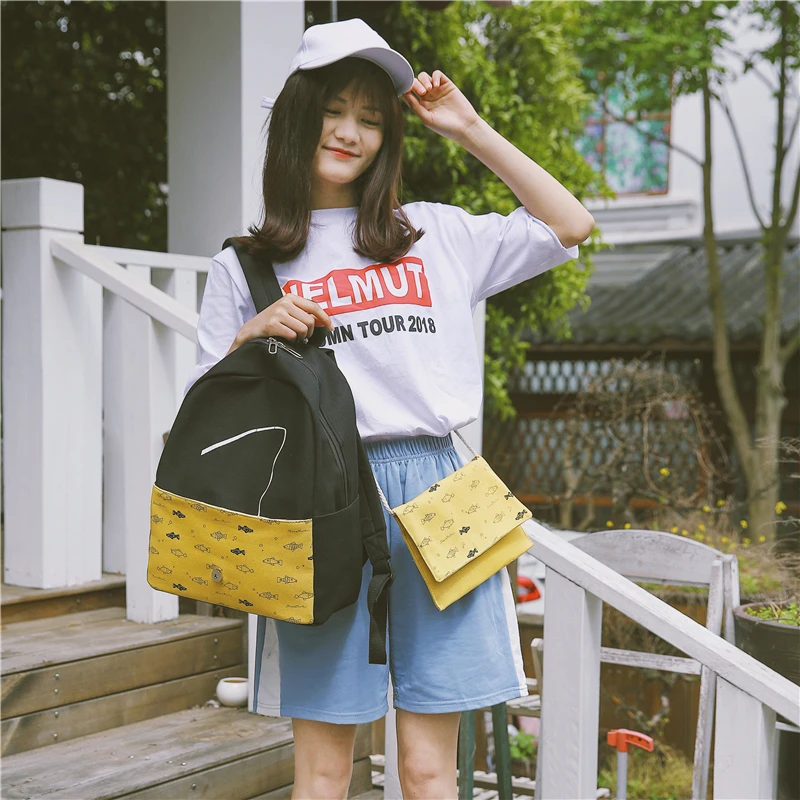 Menghuo 2 Pcsset Women Backpacks Cute Fish School Bag for Teenage Girls Printing Canvas Backpack Ladies Shoulder Bags Mochilas (5)