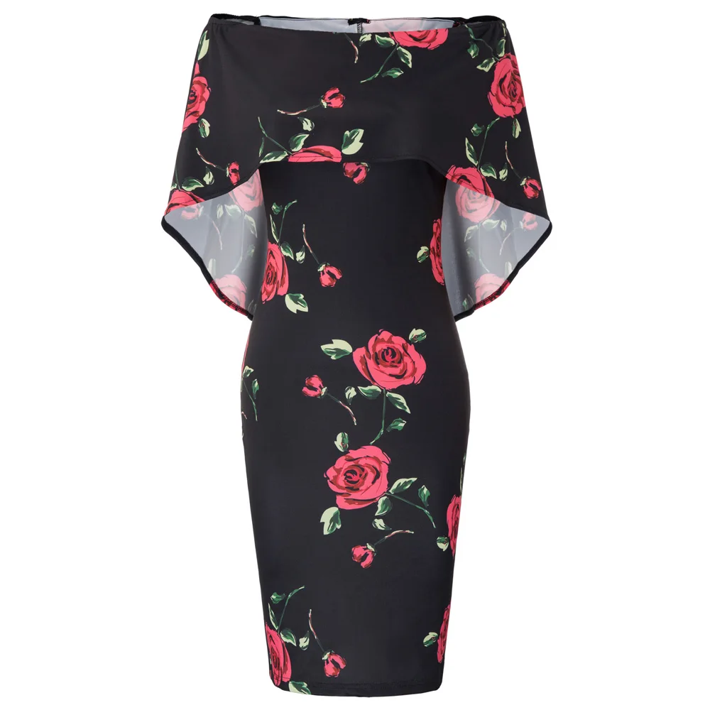 

GK Sexy Women dress elegant short cloak sleeve Off Shoulder Drape Decorated Pencil bodycon Dress solid print evening party dress