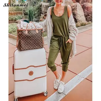 

Summer Women Jumpsuit Casual O Neck Sleeveless Sexy Bodysuit Drawstring High Waist Overalls For Women Slim Green Playsuit Female