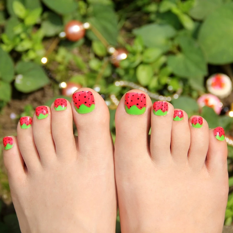 False Toe Nails Art Tips Green Leaves Strawberry Red Acrylic Fake