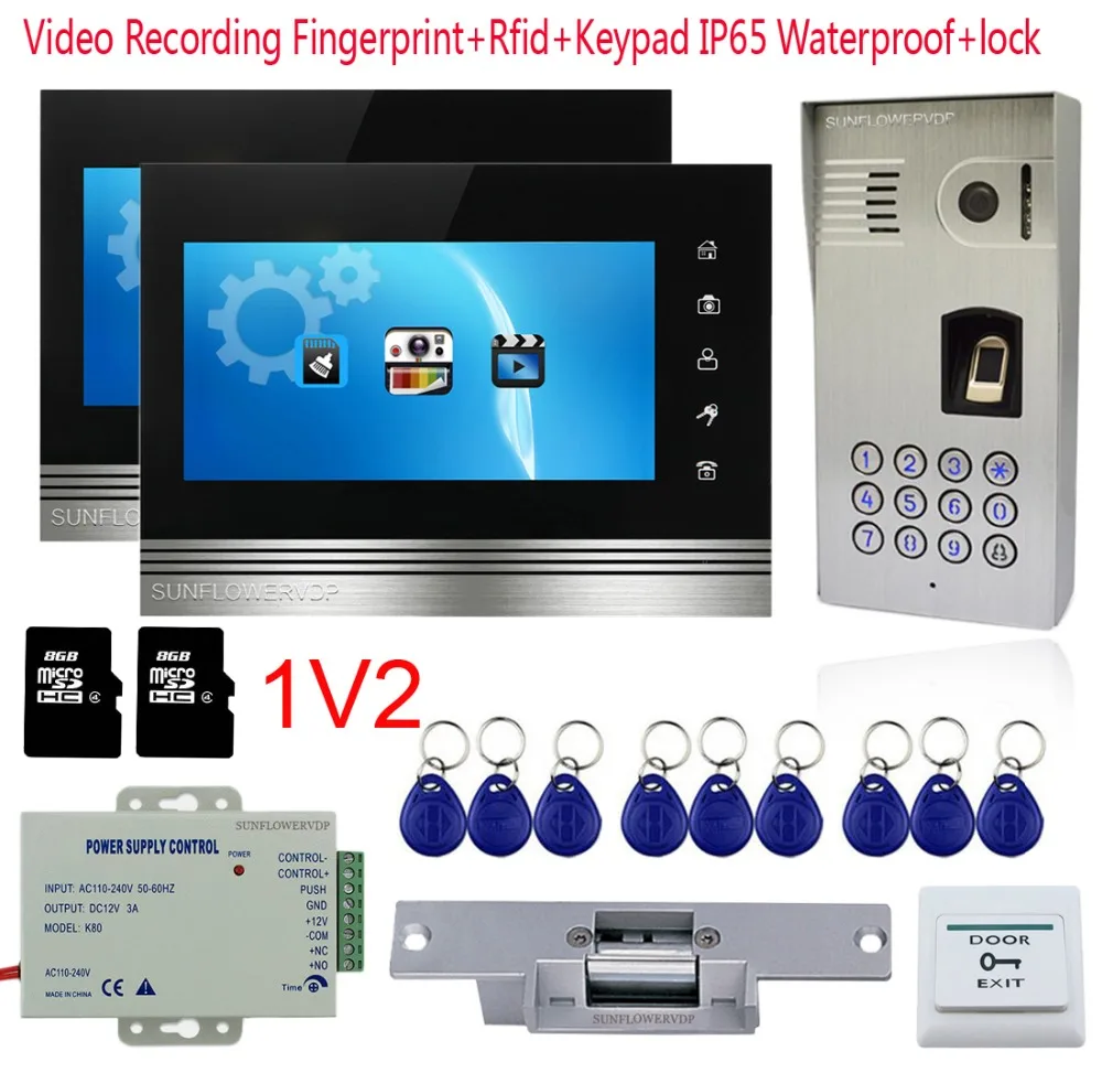 

Fingerprint Smart Video Doorbell IP65 Waterproof Rfid Intercom For Home 8GB SD Card Recording 7" Color Monitor + Door Lock 1V2