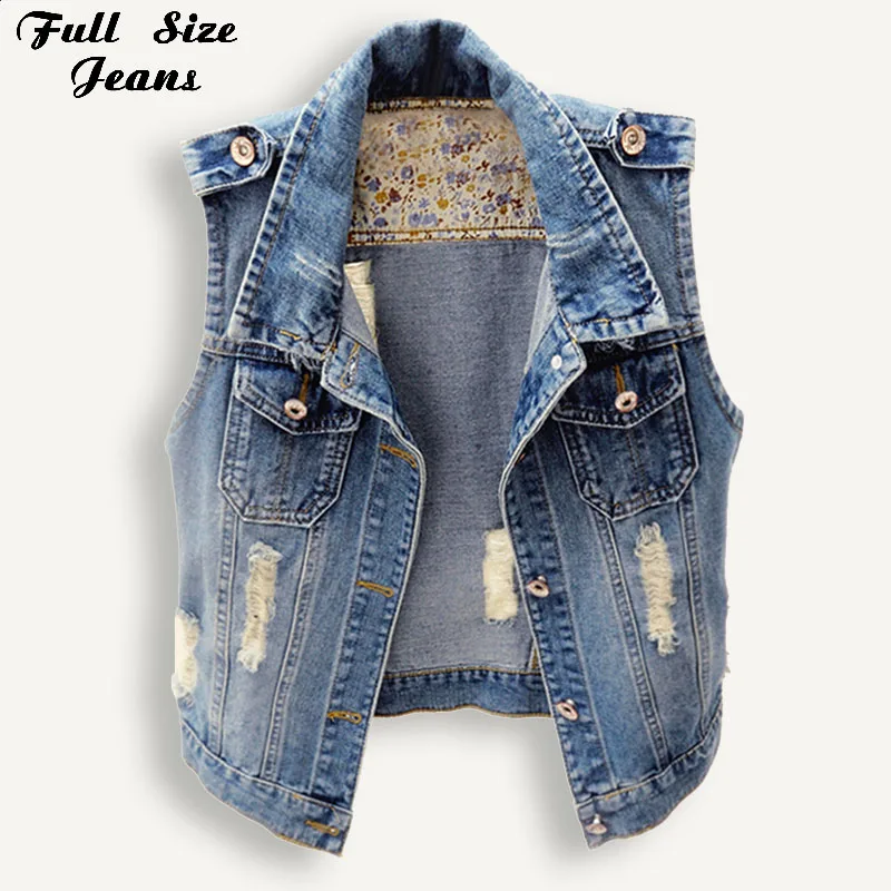 

Plus Size Ripped Sleeveless Denim Vest 3Xl 4Xl 5Xl Spring Women Large Size Casual Tops Short Mom Jeans Jacket All Match Vests
