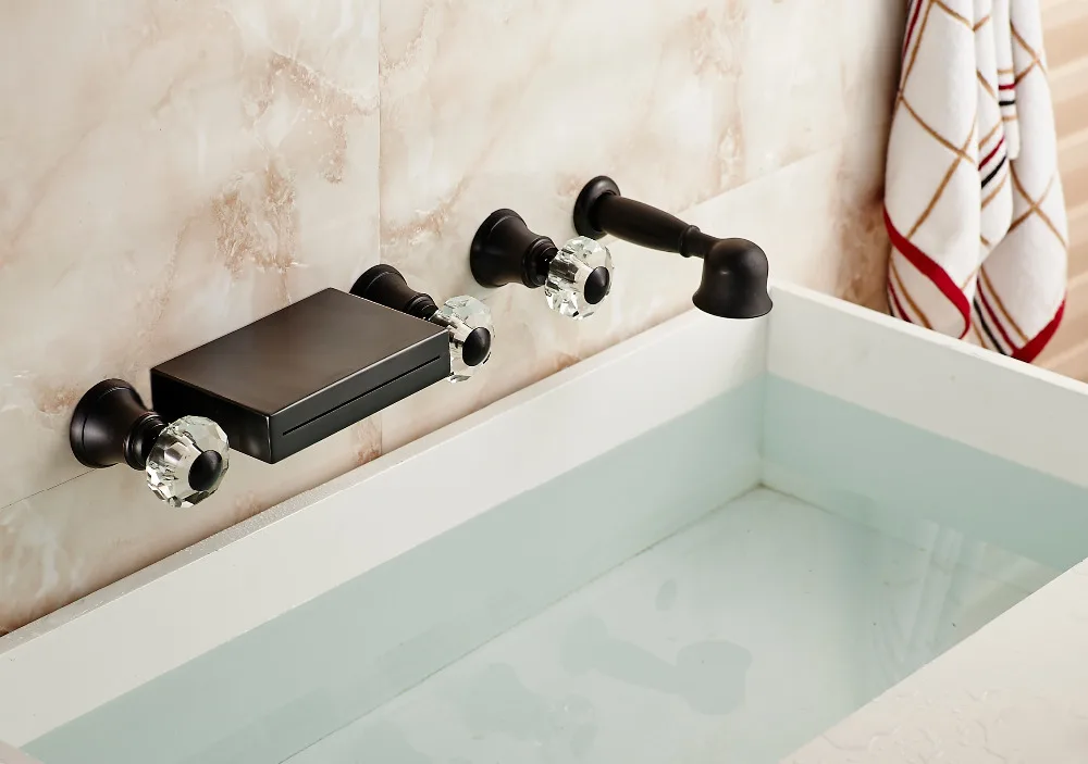 

Modern Wall Mounted Oil Rubbed Bronze Tub Faucet 3 Crystal Handles Shower Mixer
