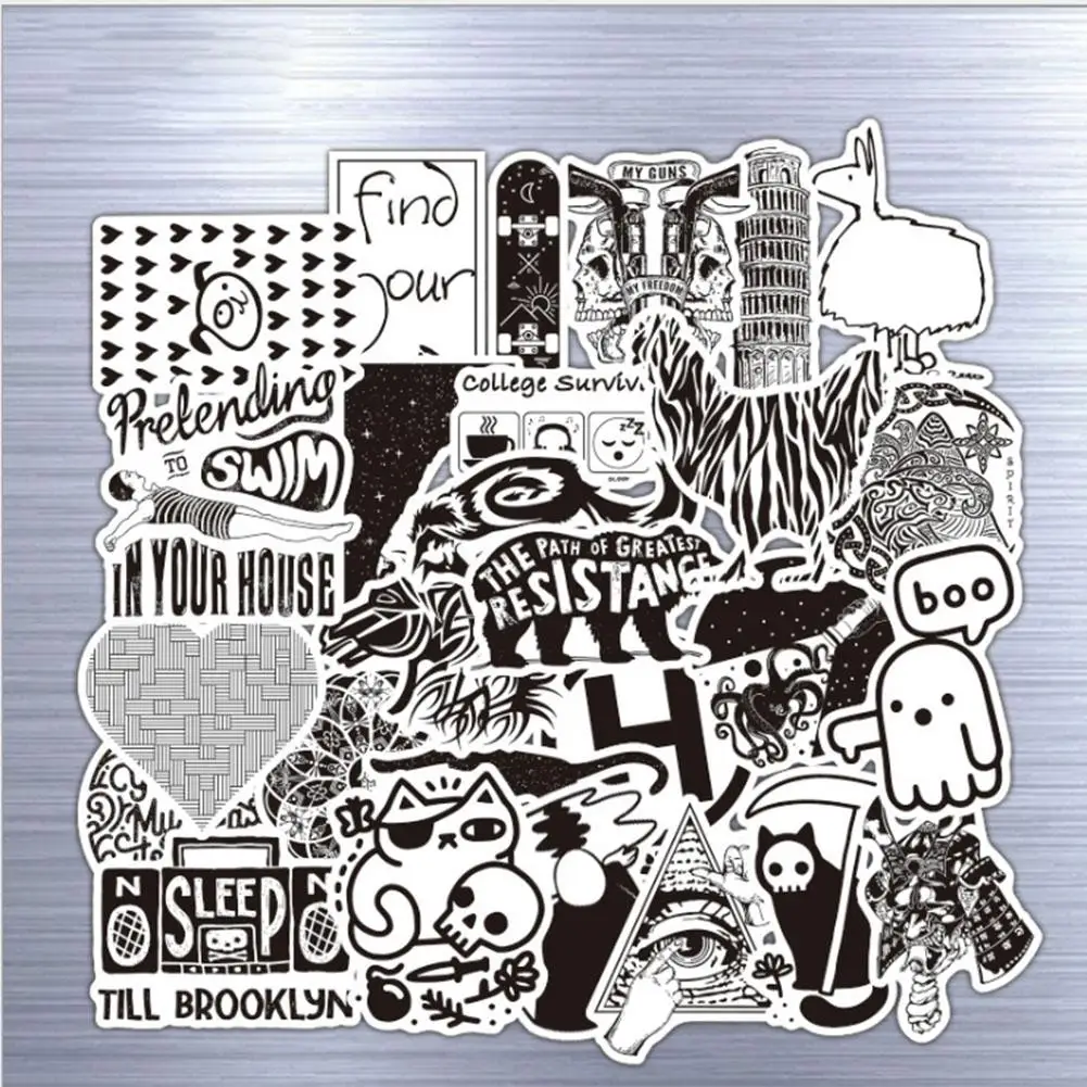 

52PCS Outdoor Travel Graffiti Sticker Black And White Stickers Auto Motorcycle Body Sticker Trolley Case Sticker Sets