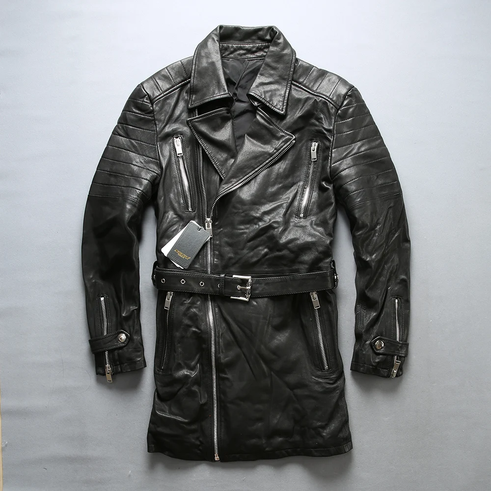 

DHL free shipping 2019 Men's Black Motorcycle Jacket Genuine Leather Long Style Coats Male 100% Sheepskin Diagonal Zipper Jacket