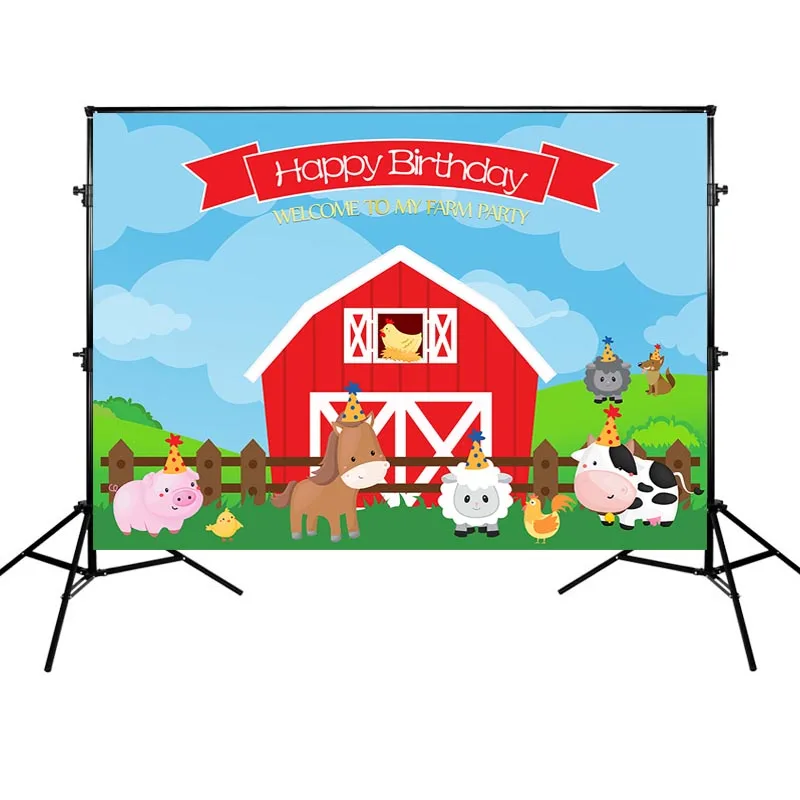 

Happy Birthday Party Background Red Warehouse and Animals Farm Theme Banner Backdrops for Photo Studio Vinyl Cloth