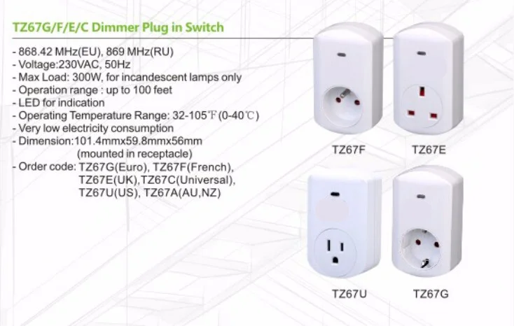 Дешевые Продажи Z-Wave Беспроводная дистанционная диммер розетка TZ67G TZ67C TZ67F TZ67E TZ67U TZ67A штепсельный переключатель