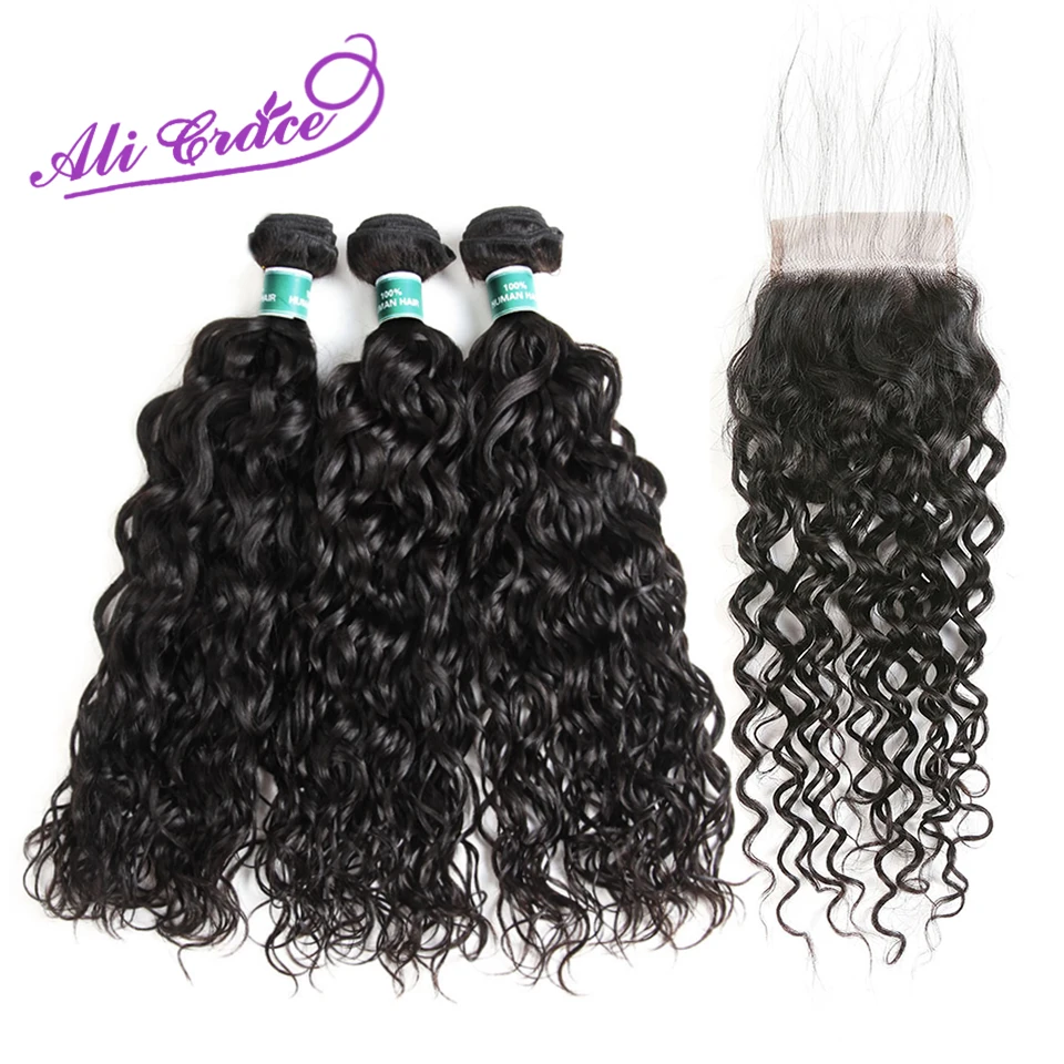 

Ali Grace Peruvian Water Wave 3 Bundles With Closure 100% Remy Human Hair Bundles With 4*4 Lace Closure Peruvian Water Wave