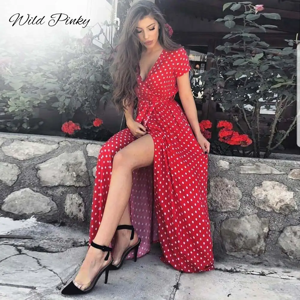 WildPinky بوهو البولكا نقطة طويلة فساتين النساء انقسام قصيرة الأكمام الصيف عارضة اللباس 2019 الشارع الشهير الأسود ماكسي اللباس Vestidos