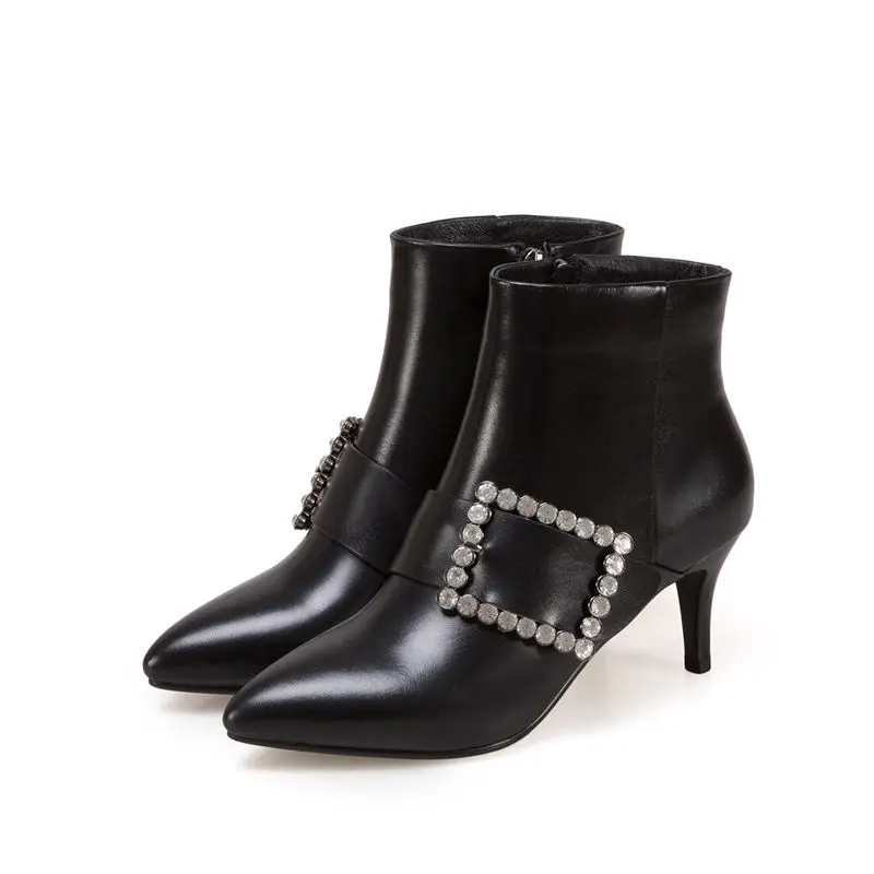 Las Botas Para Simple Asumer Tacones Sólido Crystal Genuino Botines Señalaron Fur black Delgados 2018 Black Toe Not Fur Mujeres De Cuero Nueva Moda Invierno With nq8wXY8v