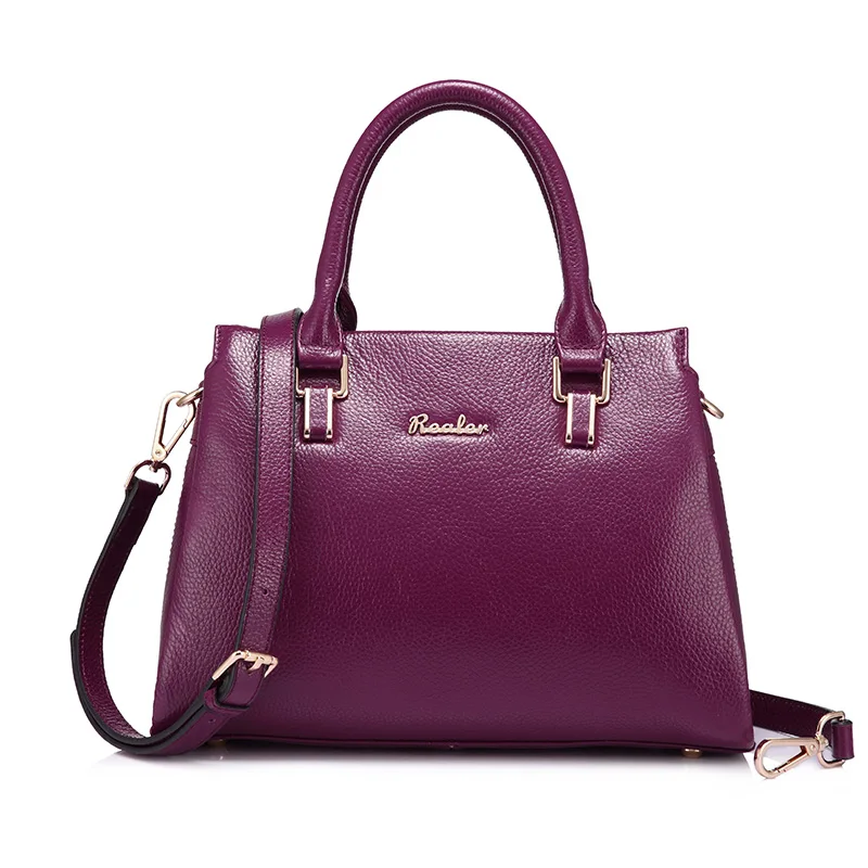 REALER натуральная кожа женская сумка с короткими ручками, большая вместительная сумка топ-ручка для женщин, дамская сумка через плечо, женские сумки - Цвет: Фиолетовый