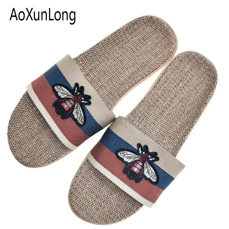 AoXunLong новые мужские льняные тапочки с аппликацией модные летние домашние