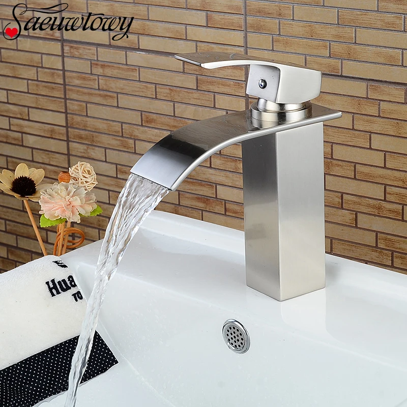 

Single Handle Water Brushed Nickel Bathroom Basin Faucet Waterfall Spout Hot&Cold Sink Mixe Tap