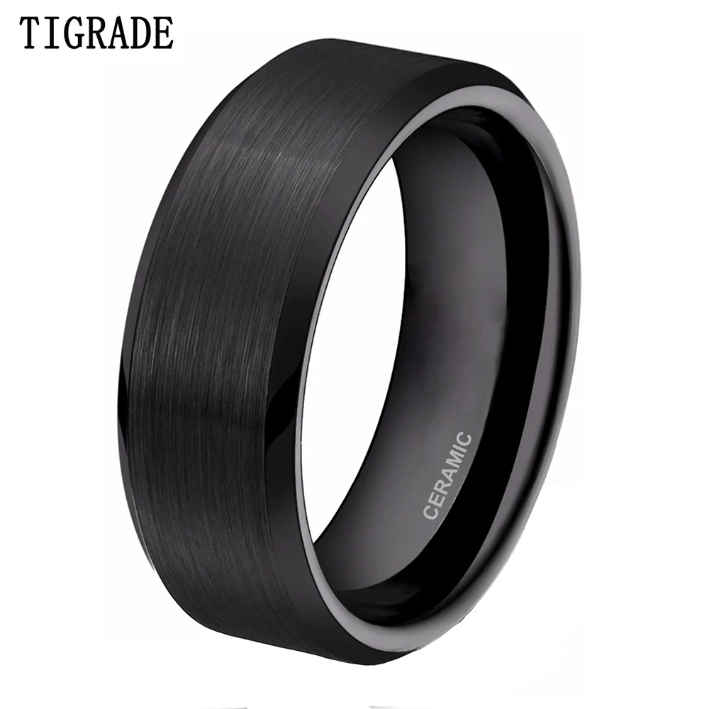 TIGRADE 8mm Black Ceramic Ring Men Brushed Comfort Fit Wedding Band Engagement Rings For Male Bague