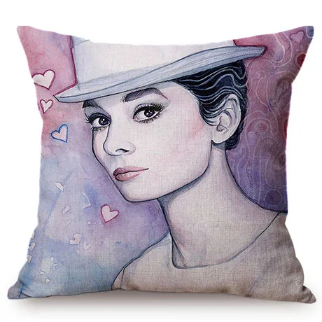 Audrey Hepburn Fashion Watercolor Art Self Portrait Sofa Decoration Throw Pillows Cover Cotton Linen Nicolas Cage Cushion Cover M105-1