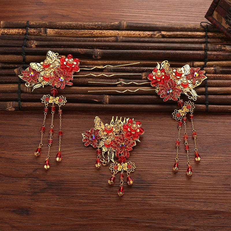 

3pcs sets hair pins comb sets Vintage Chinese bride headdress costume coronet wholesale jewelry wedding bride
