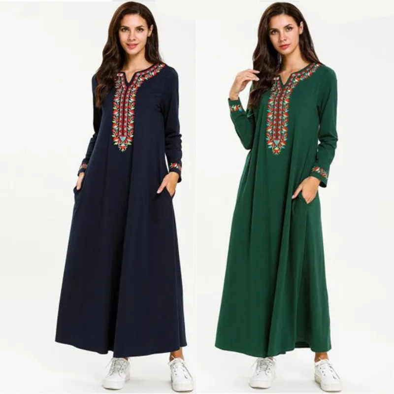 

2019 New Womens Abaya Muslim Dress Moroccan Kaftan Dubai Evening Elegant Muslim Party Embroidery Pockets Dress