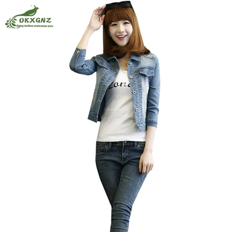 

Spring Autumn Cowboy Coat Women's Elasticity Slim Long-sleeved Jacket tops Single-breasted Plus size Female Denim Jacket OKXGNZ